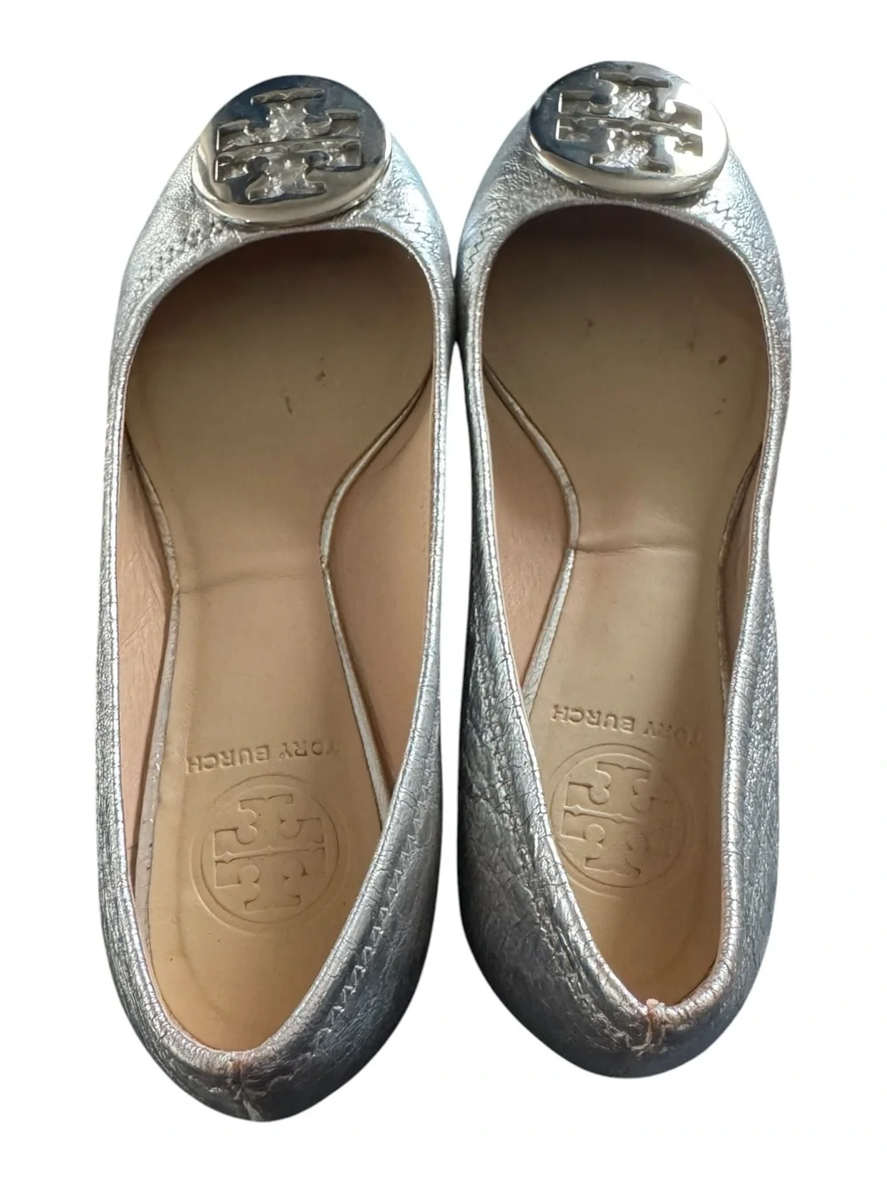 Tory Burch Metallic Silver Logo Ballet Flats